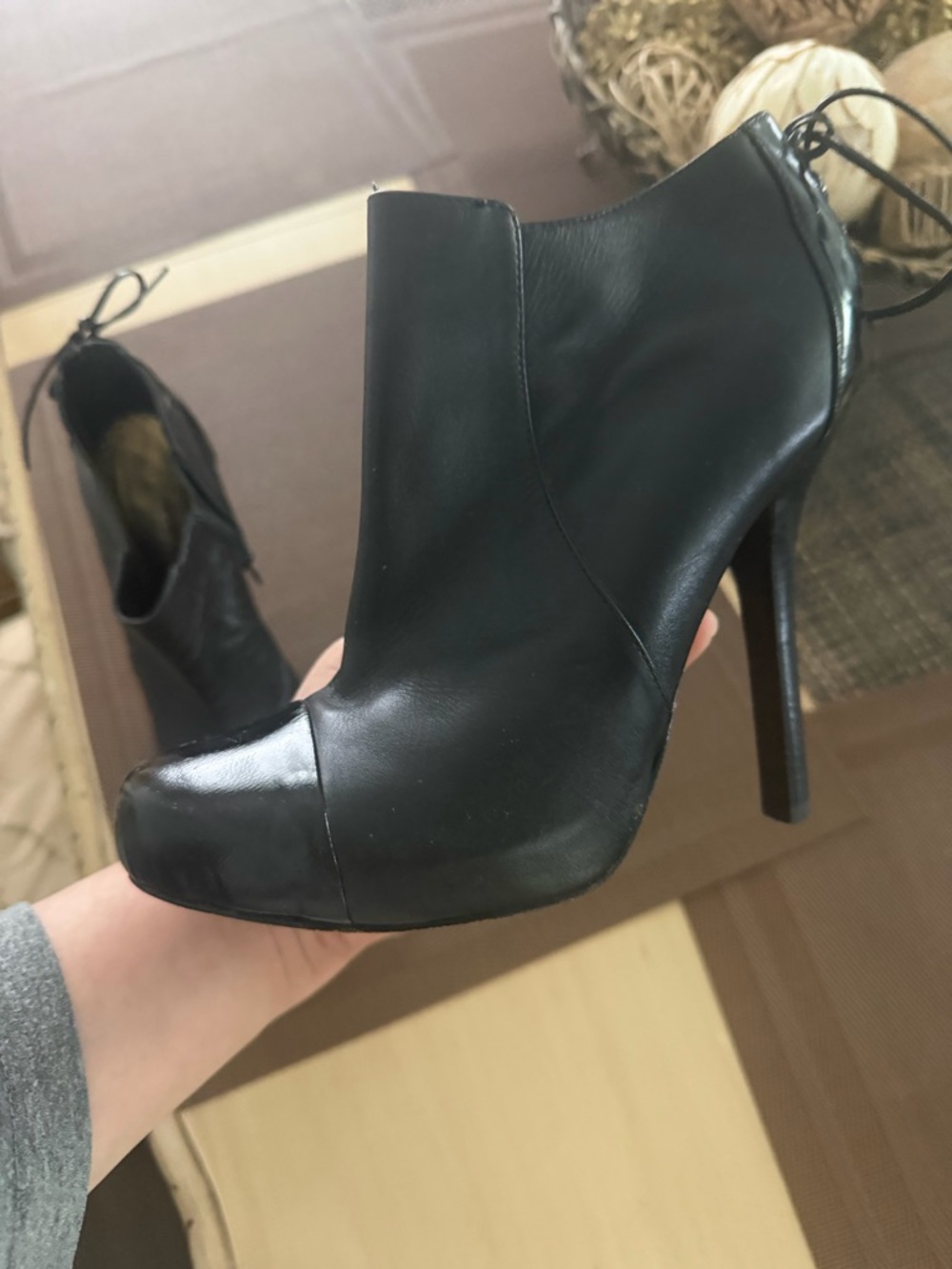 bebe Black Leather High-Stiletto Ankle Booties